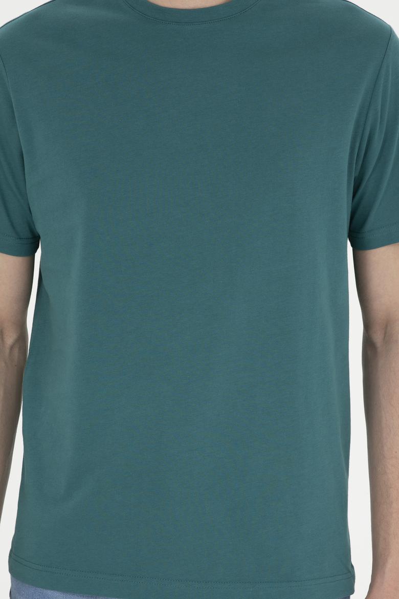 Erkek Regular Fit Bisiklet Yaka Koyu Yeşil Basic Tişört - 50284618217