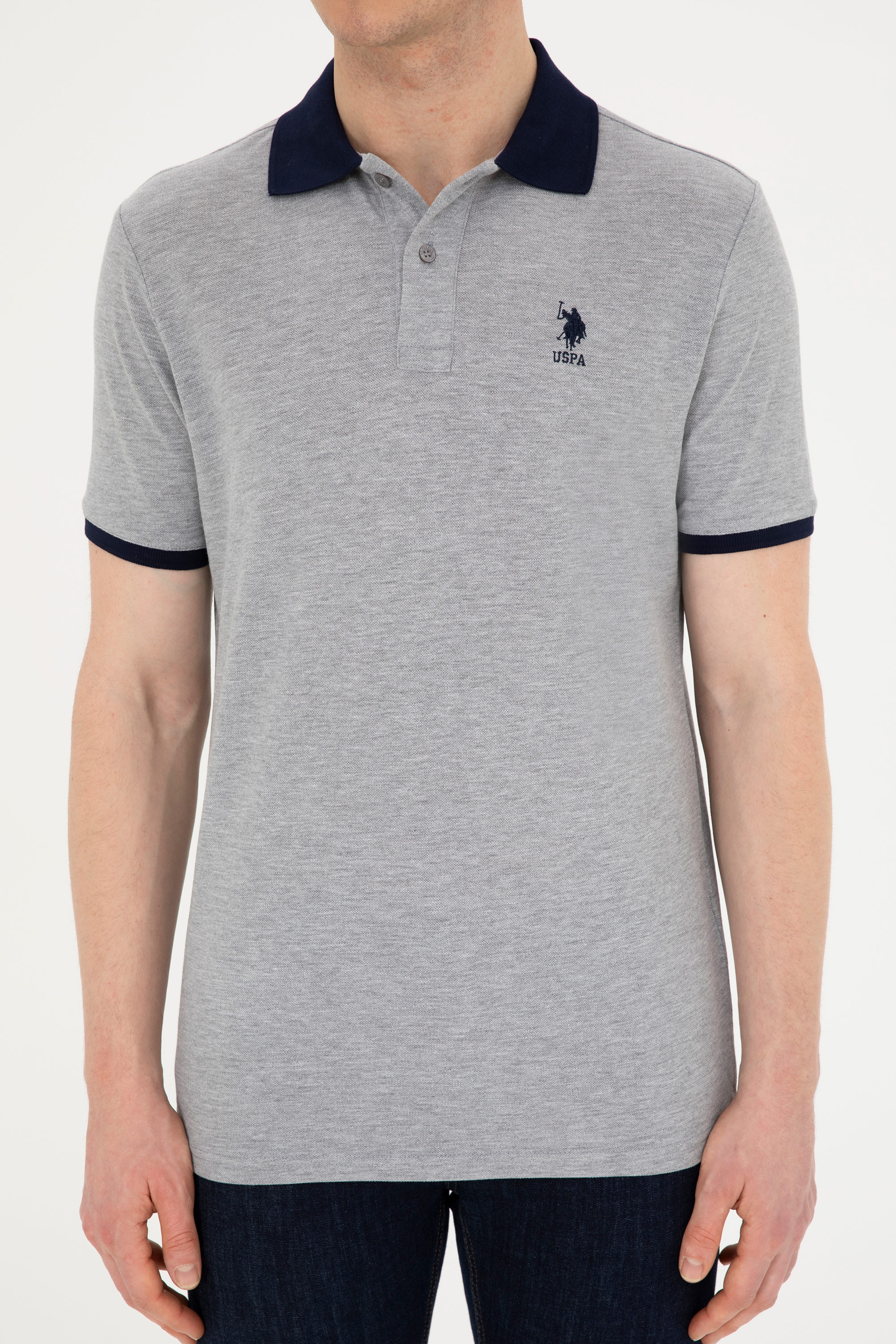 Erkek Regular Fit Polo Yaka Gri Melanj Basic Tişört | 50284638033