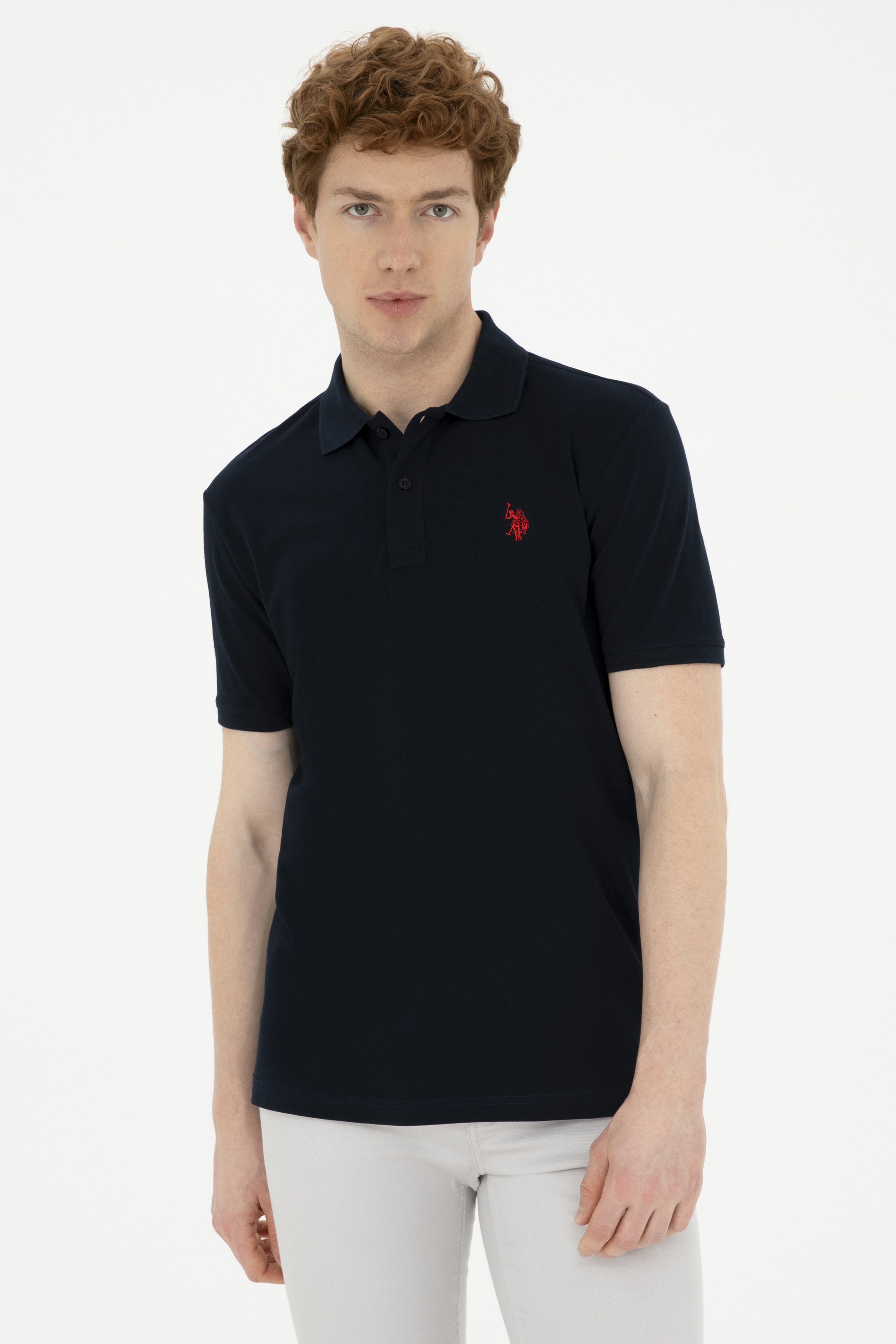 Erkek Slim Fit Polo Yaka Koyu Lacivert Basic Tişört - Image 1