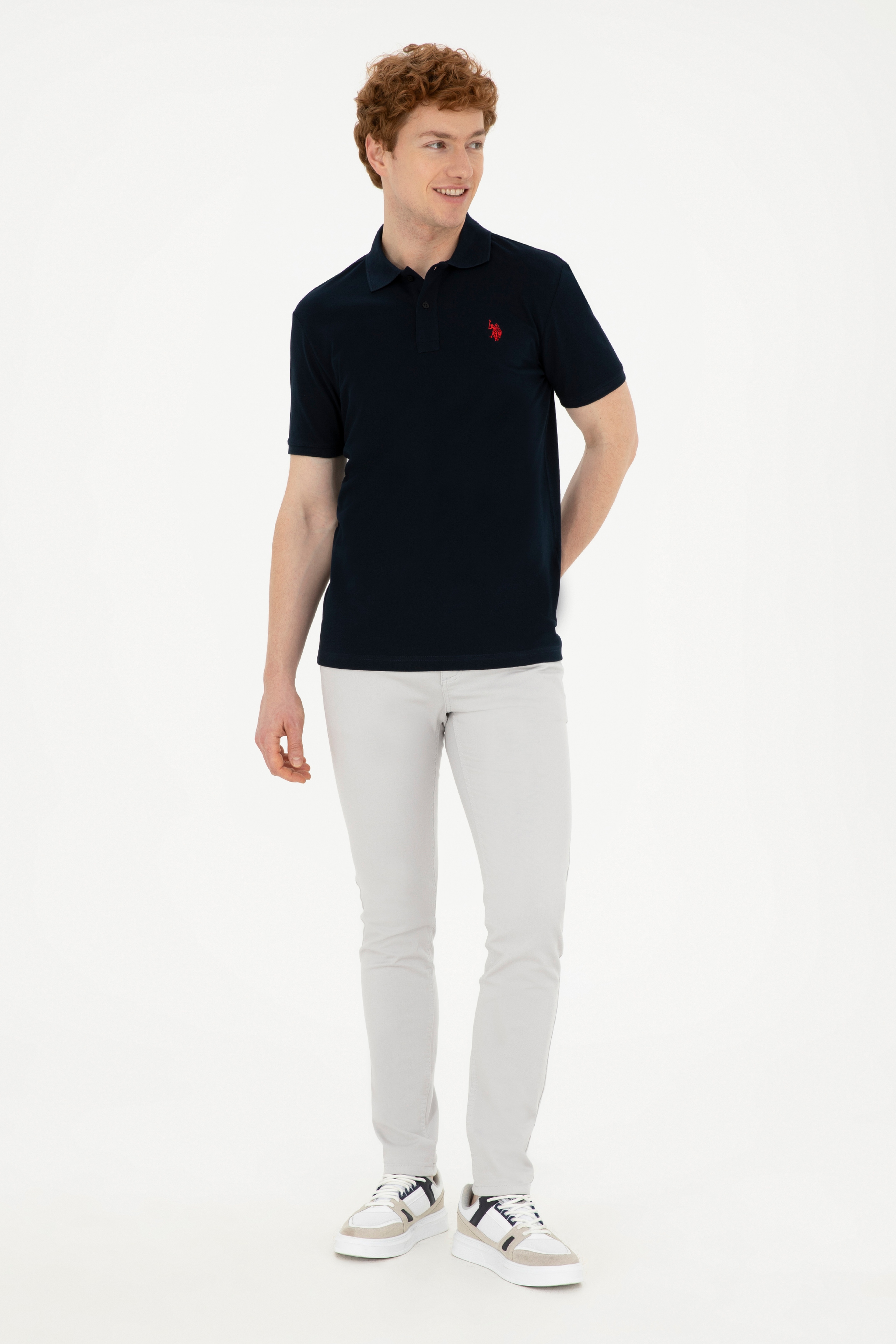 Erkek Slim Fit Polo Yaka Koyu Lacivert Basic Tişört - Image 4