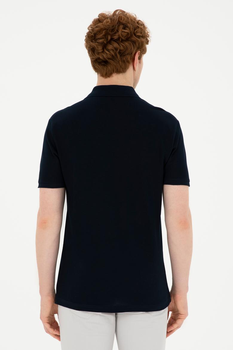 Erkek Slim Fit Polo Yaka Koyu Lacivert Basic Tişört - 50279573291