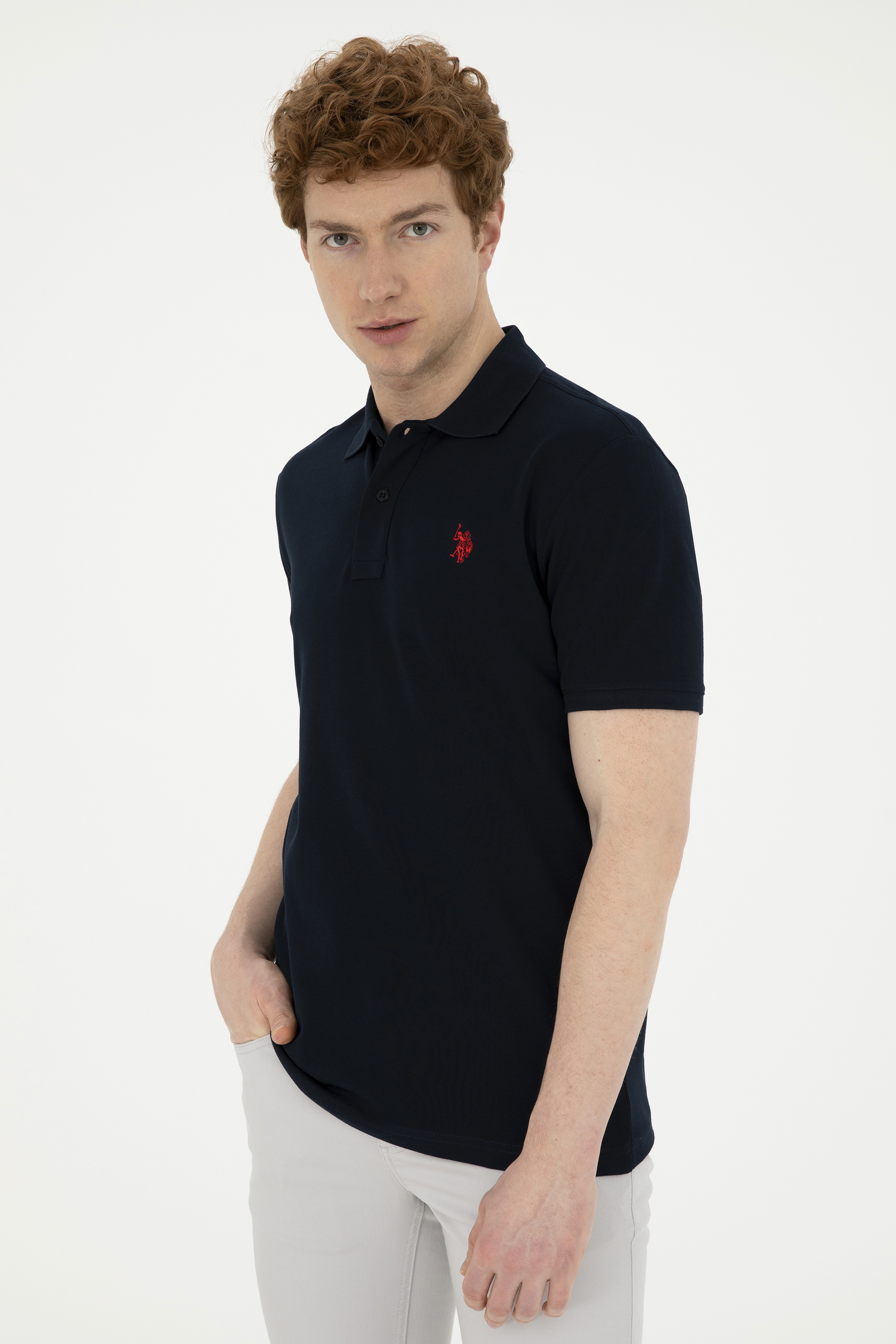 Erkek Slim Fit Polo Yaka Koyu Lacivert Basic Tişört
