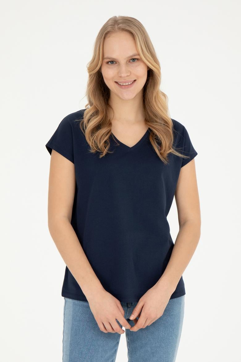 Kadın Lacivert V Yaka Basic Tişört - 50285849030