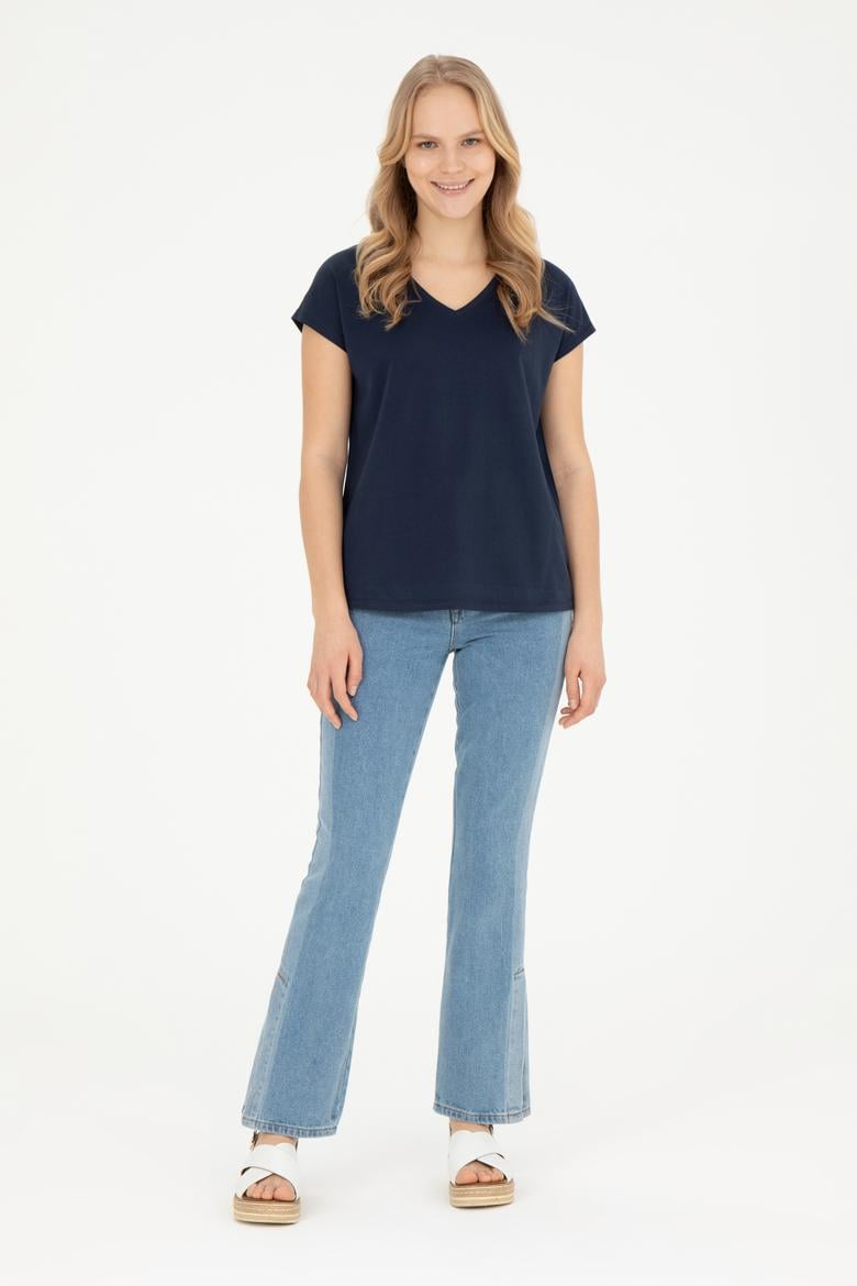 Kadın Lacivert V Yaka Basic Tişört - 50285849030
