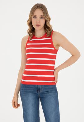 Kadın Kırmızı Kolsuz Bisiklet Yaka Tişört - 50281783021