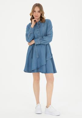 Kadın Açık Mavi Polo Yaka Jean Elbise - 50283539006