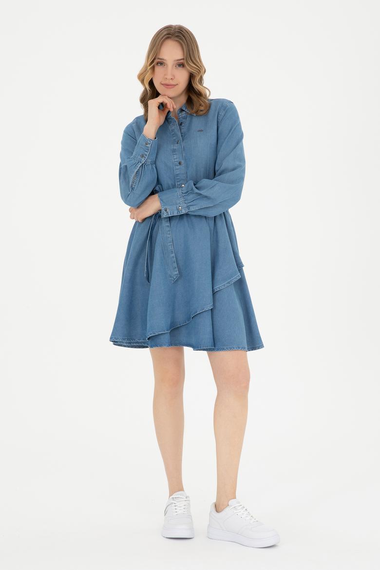 Kadın Açık Mavi Polo Yaka Jean Elbise - 50283539006