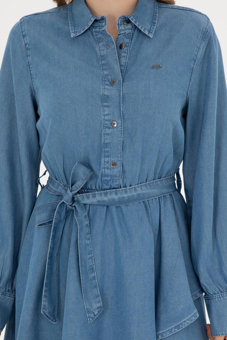Kadın Açık Mavi Polo Yaka Jean Elbise - 50283539006