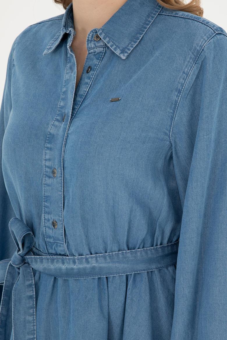 Kadın Açık Mavi Polo Yaka Jean Elbise - 50283539006