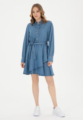 Kadın Açık Mavi Polo Yaka Jean Elbise - 50283539006