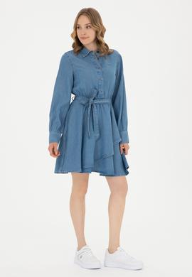 Kadın Açık Mavi Polo Yaka Jean Elbise - 50283539006