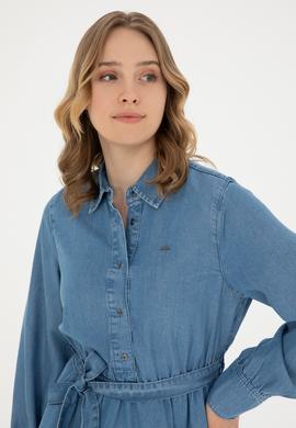 Kadın Açık Mavi Polo Yaka Jean Elbise - 50283539006