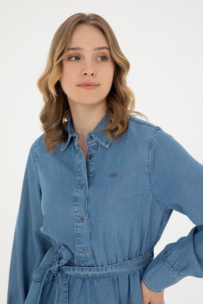 Kadın Açık Mavi Polo Yaka Jean Elbise - 50283539006