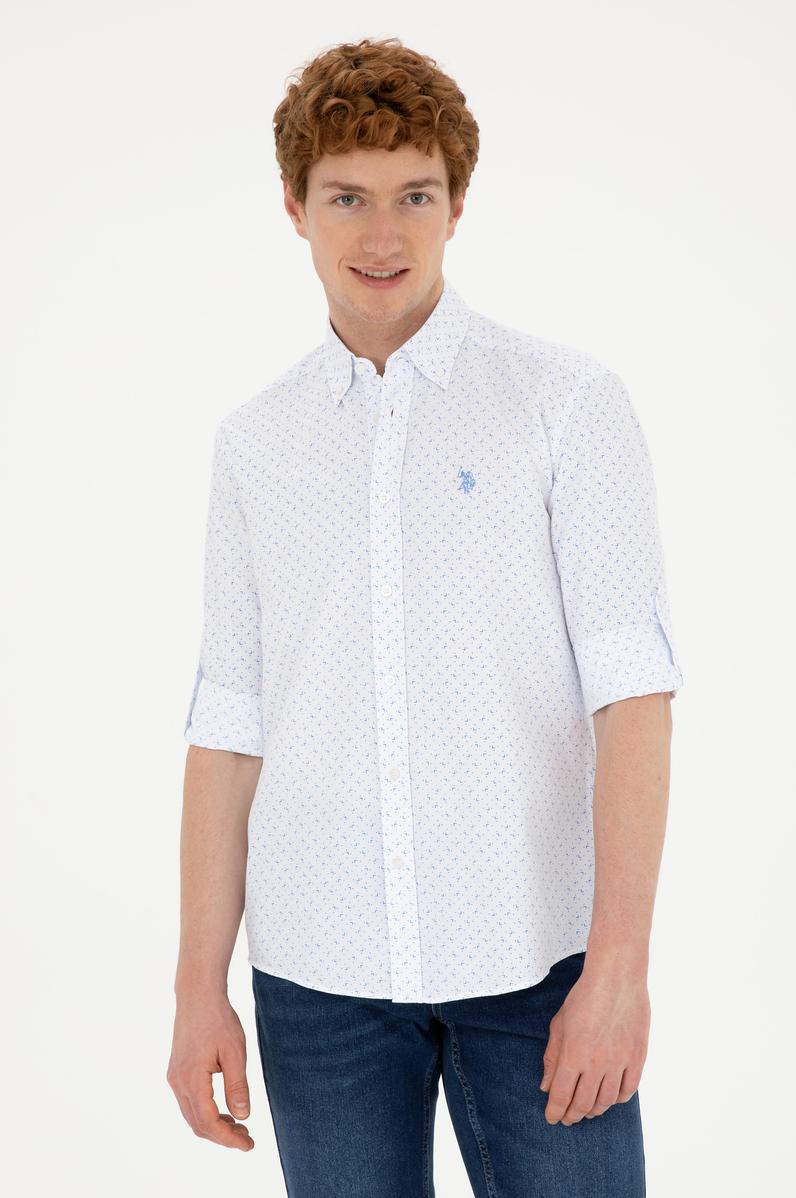 Erkek Saks Baskılı Beyaz Gömlek