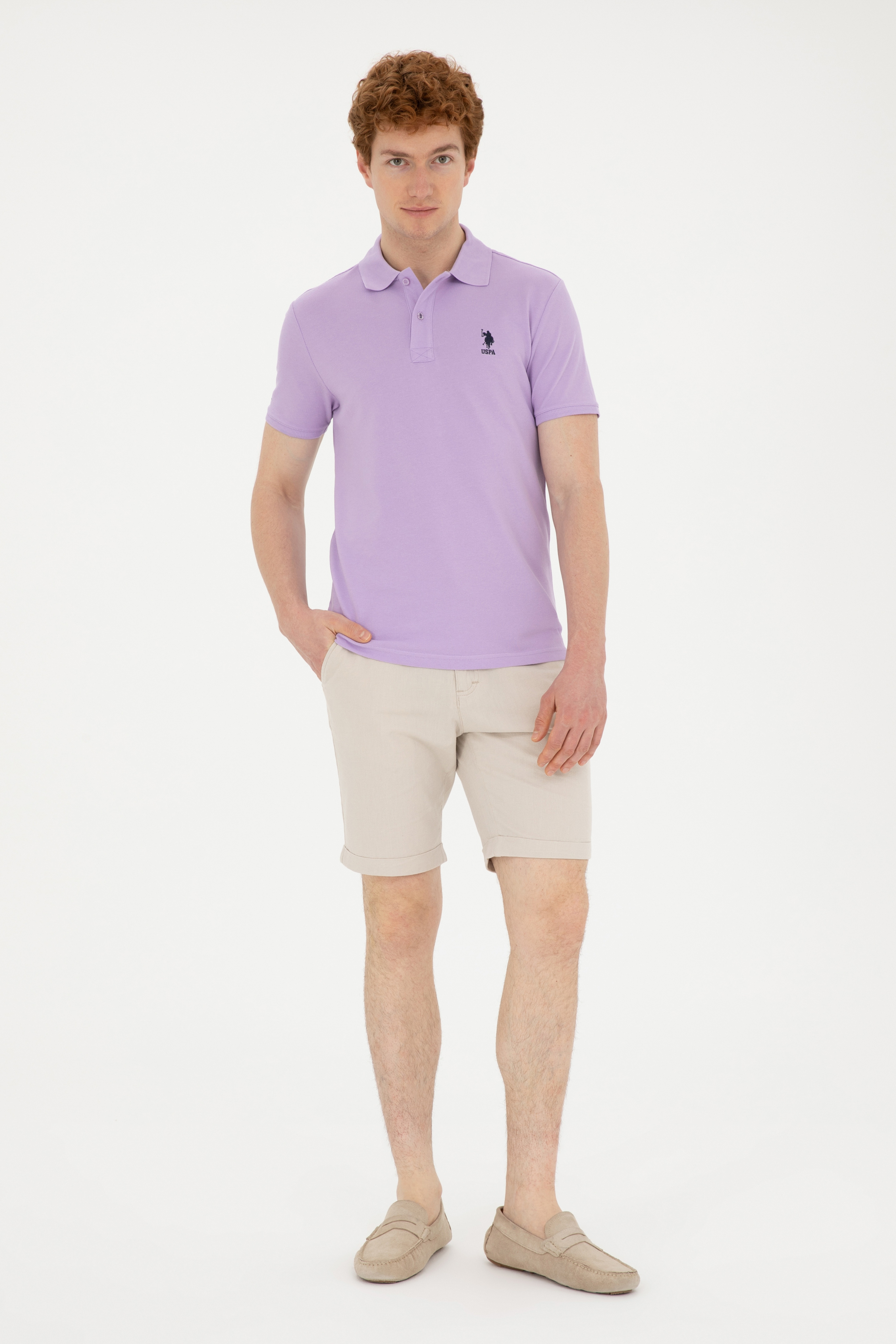 Erkek Slim Fit Polo Yaka Lila Basic Tişört - Image 4