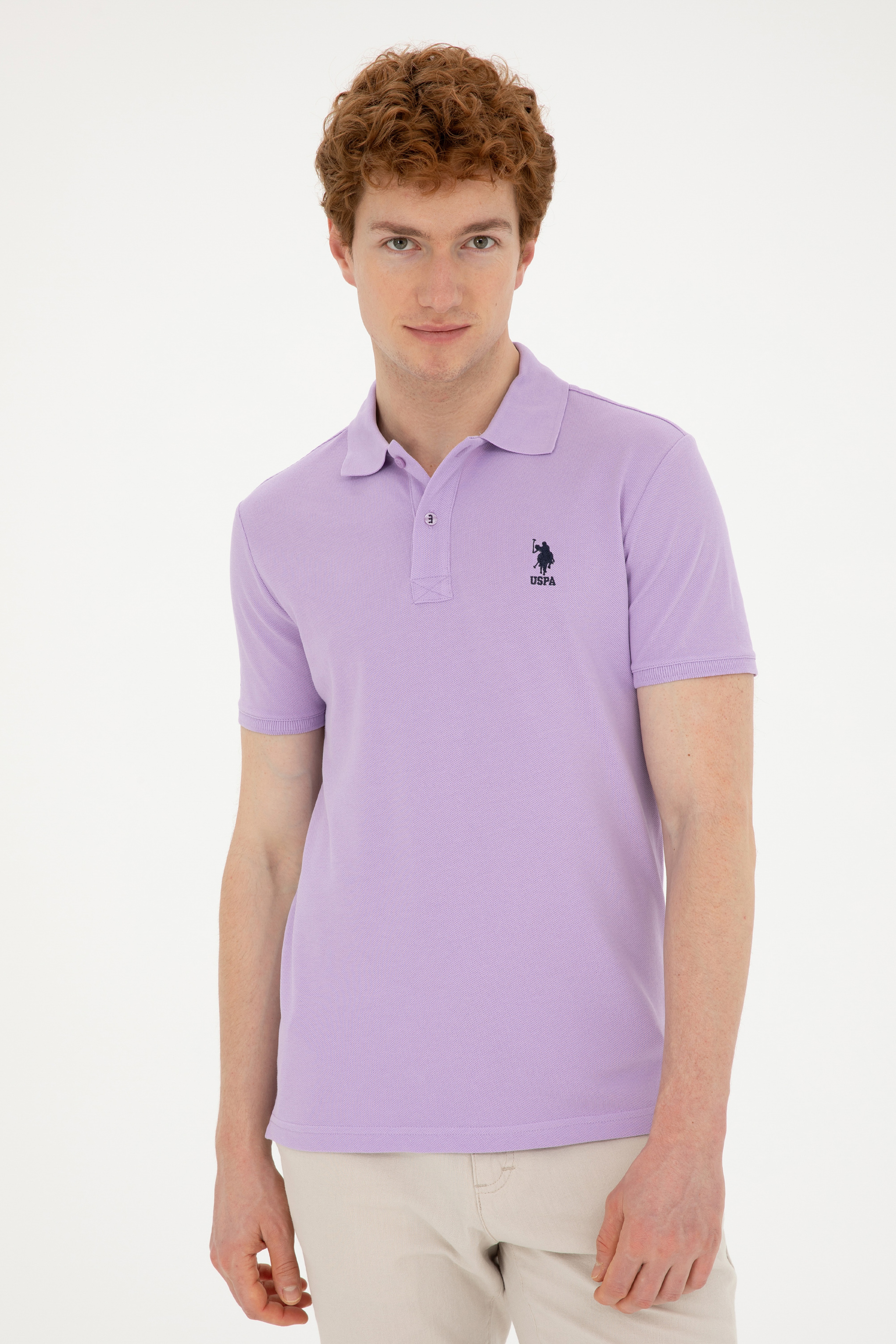 Erkek Slim Fit Polo Yaka Lila Basic Tişört - Image 3