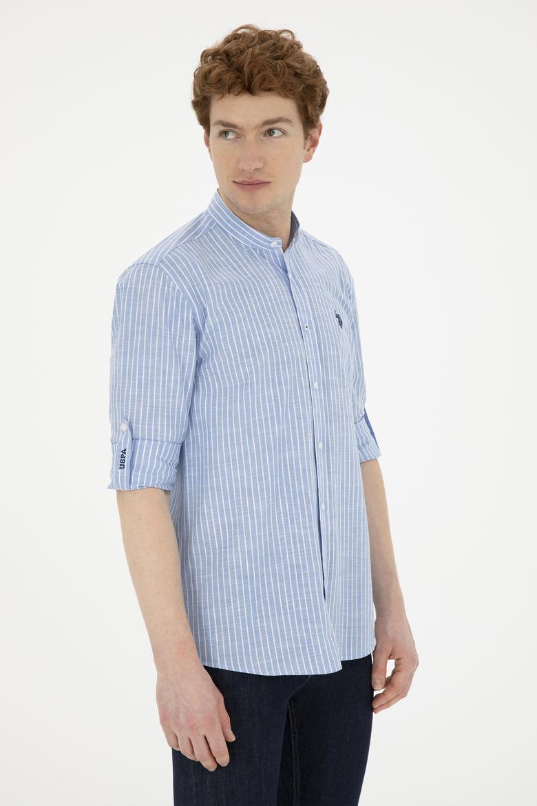 Erkek Hakim Yaka Çizgili Mavi Gömlek - 50288924007