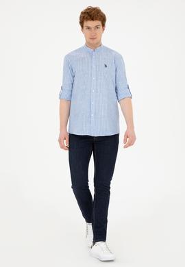 Erkek Hakim Yaka Çizgili Mavi Gömlek - 50288924007