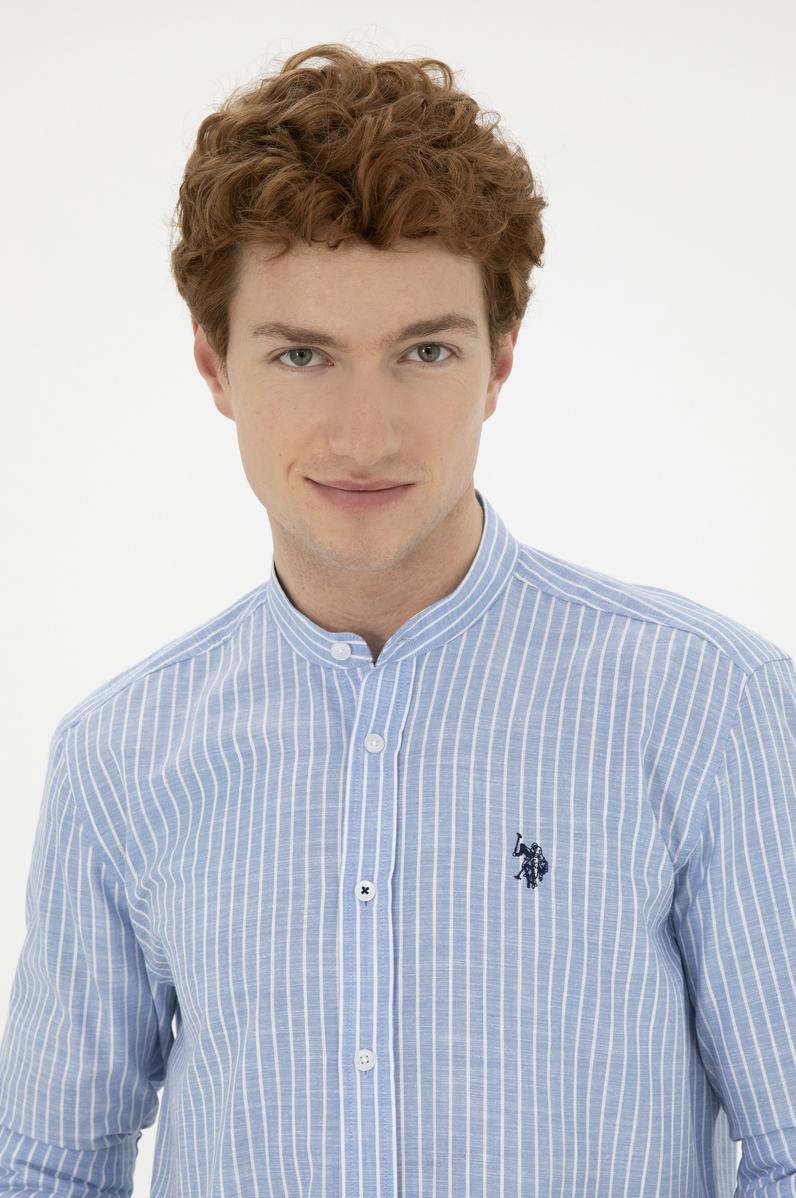 Erkek Hakim Yaka Çizgili Mavi Gömlek