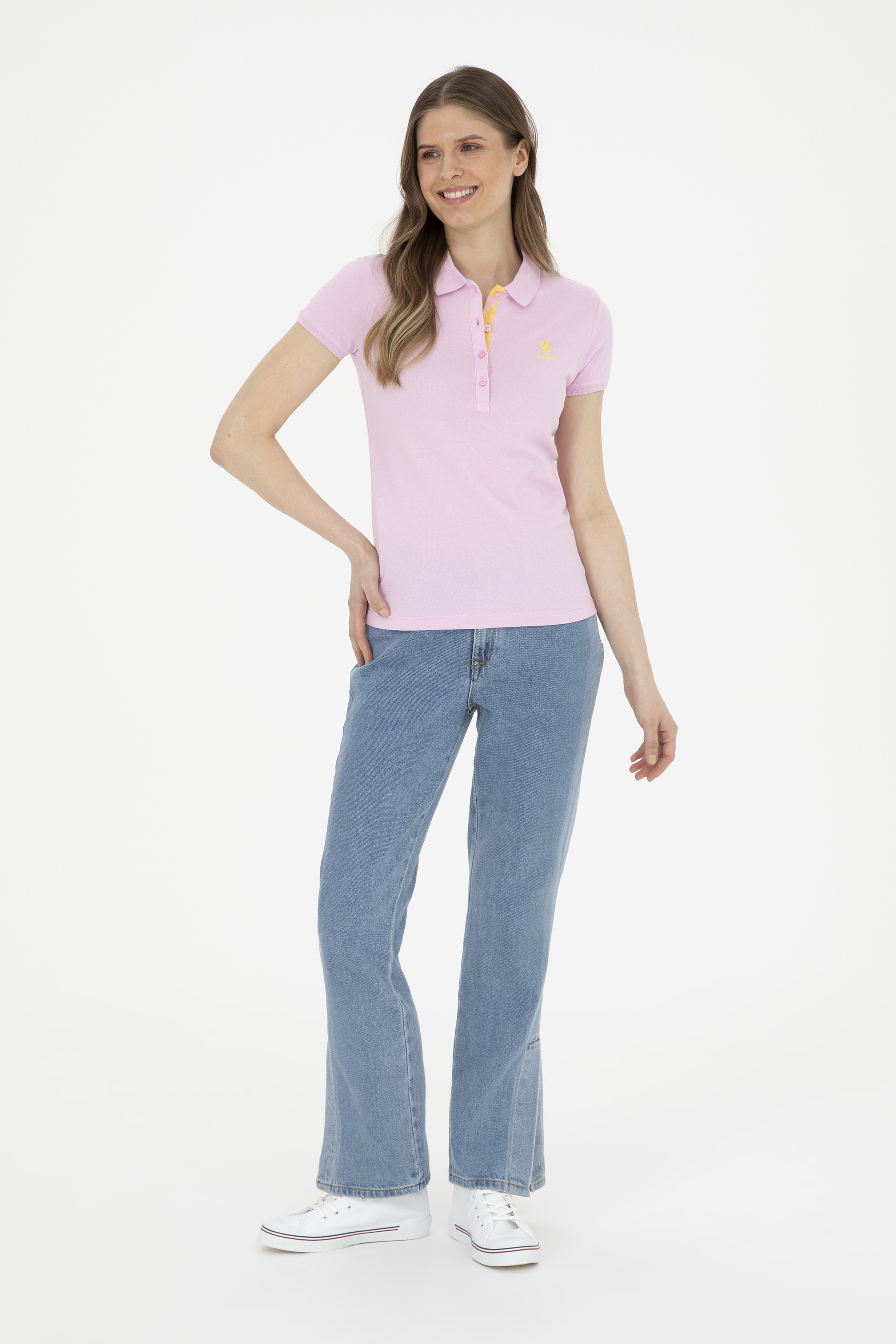 Kadın Pembe Basic Polo Yaka Tişört - Image 4