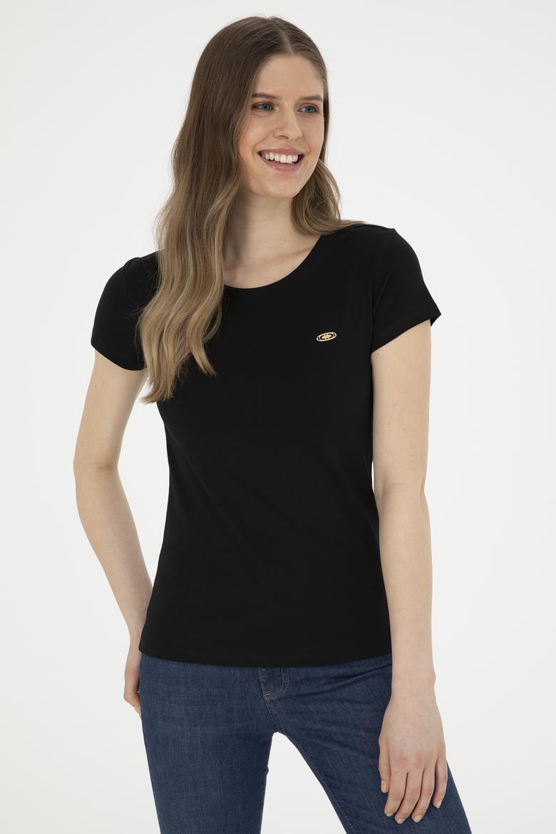 Kadın Siyah Bisiklet Yaka Basic Tişört - 50288686020