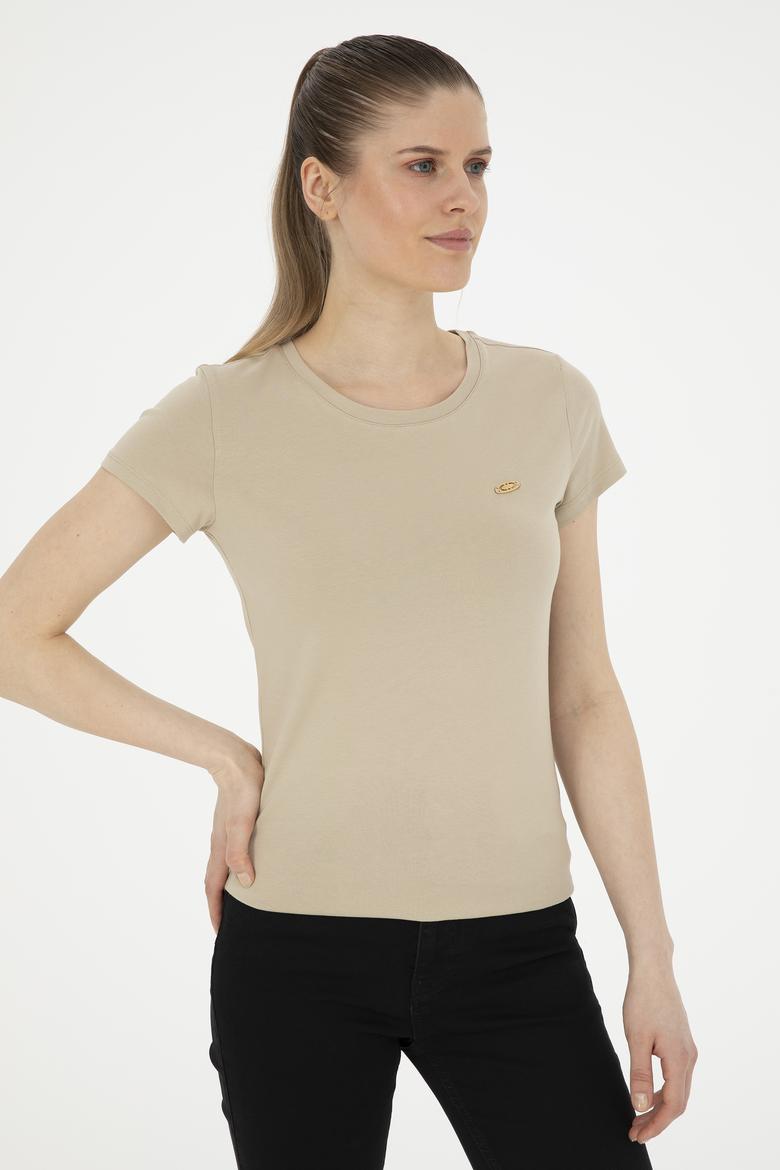 Kadın Açık Haki Bisiklet Yaka Basic Tişört - 50288686040