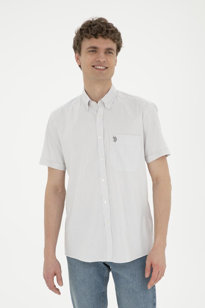 Erkek Gri Çizgili Beyaz Kısa Kollu Gömlek