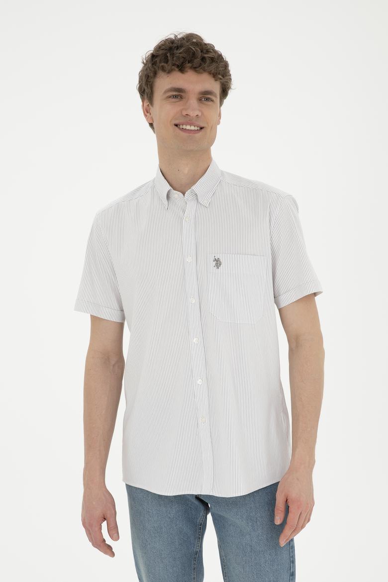 Erkek Gri Çizgili Beyaz Kısa Kollu Gömlek