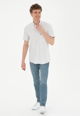 Erkek Gri Çizgili Beyaz Kısa Kollu Gömlek - 50288666008