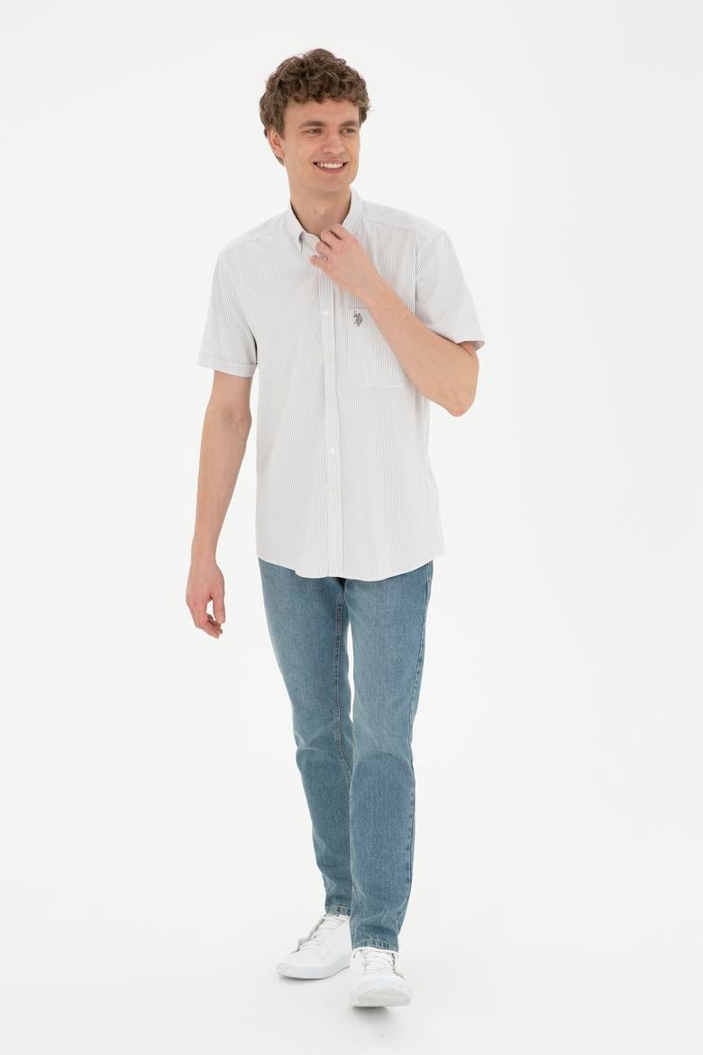 Erkek Gri Çizgili Beyaz Kısa Kollu Gömlek - 50288666008