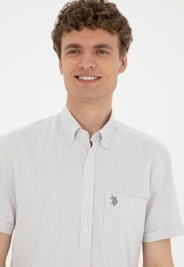 Erkek Gri Çizgili Beyaz Kısa Kollu Gömlek - 50288666008