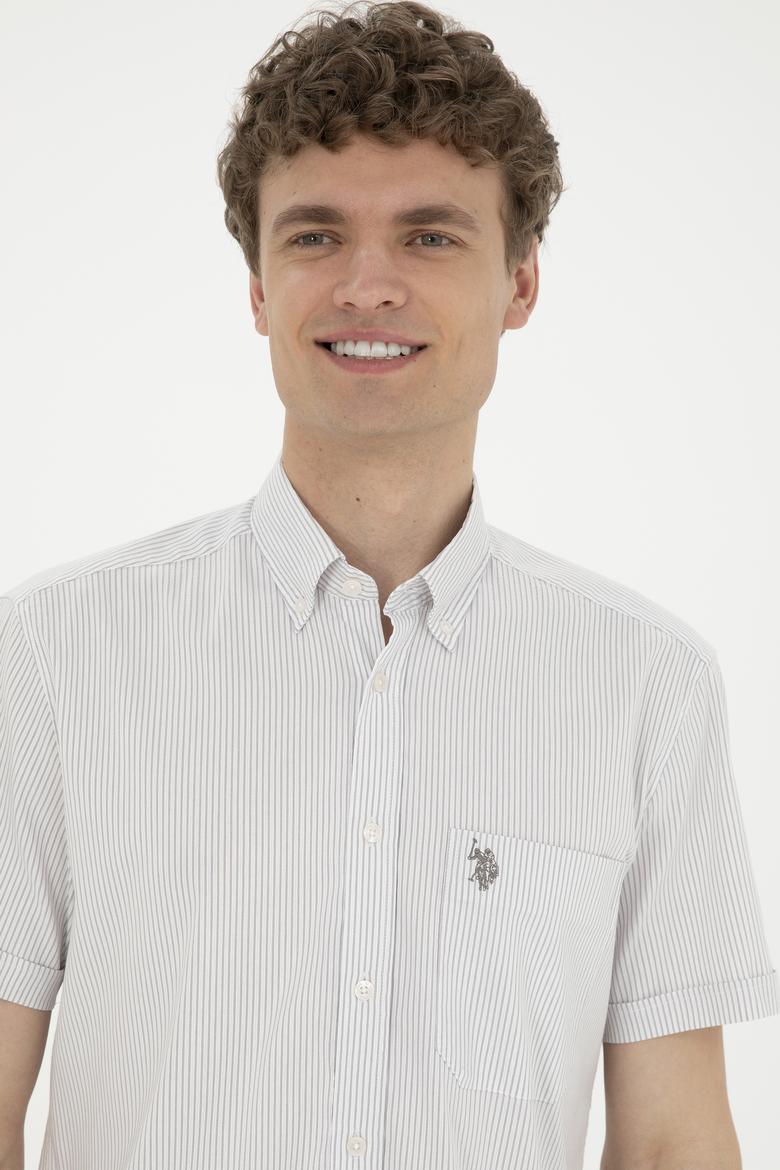 Erkek Gri Çizgili Beyaz Kısa Kollu Gömlek - 50288666008