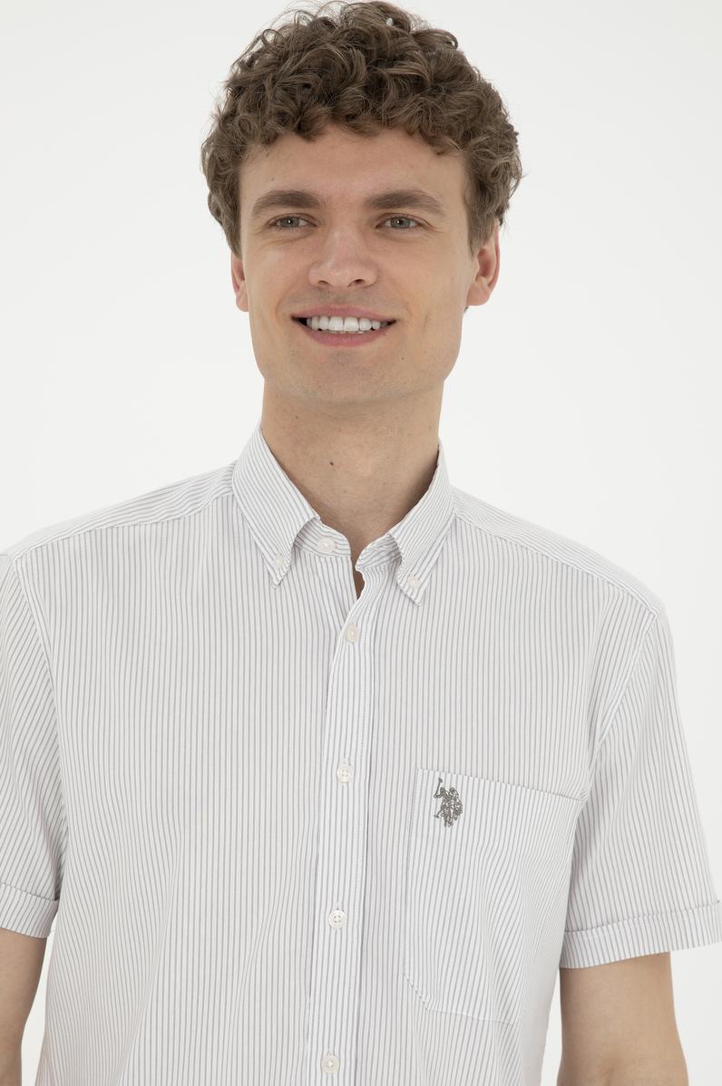 Erkek Gri Çizgili Beyaz Kısa Kollu Gömlek