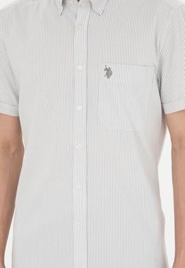 Erkek Gri Çizgili Beyaz Kısa Kollu Gömlek - 50288666008