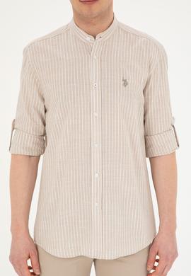 Erkek Hakim Yaka Çizgili Haki Gömlek - 50288924023