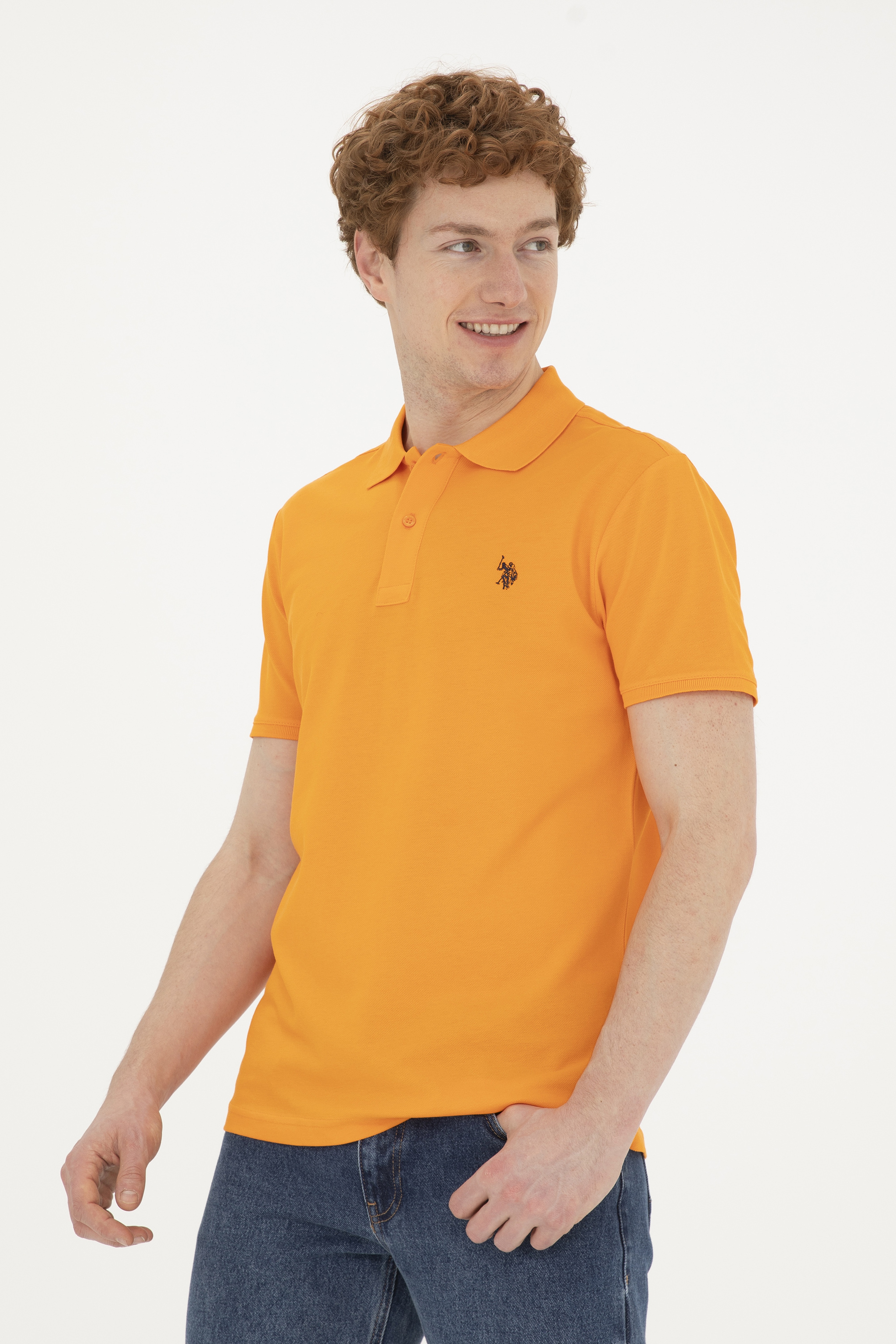 Erkek Slim Fit Polo Yaka Turuncu Basic Tişört - Image 3