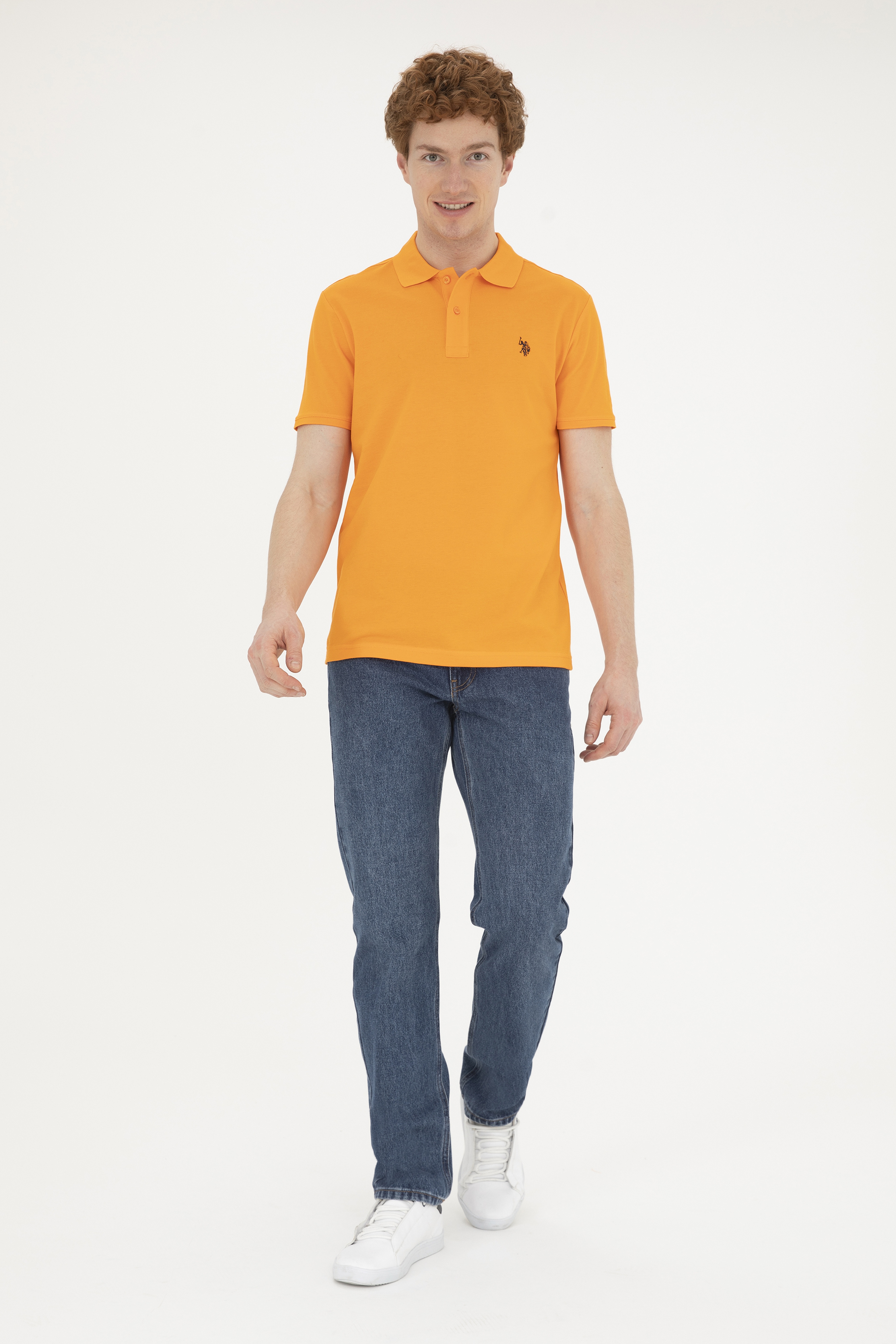 Erkek Slim Fit Polo Yaka Turuncu Basic Tişört - Image 4