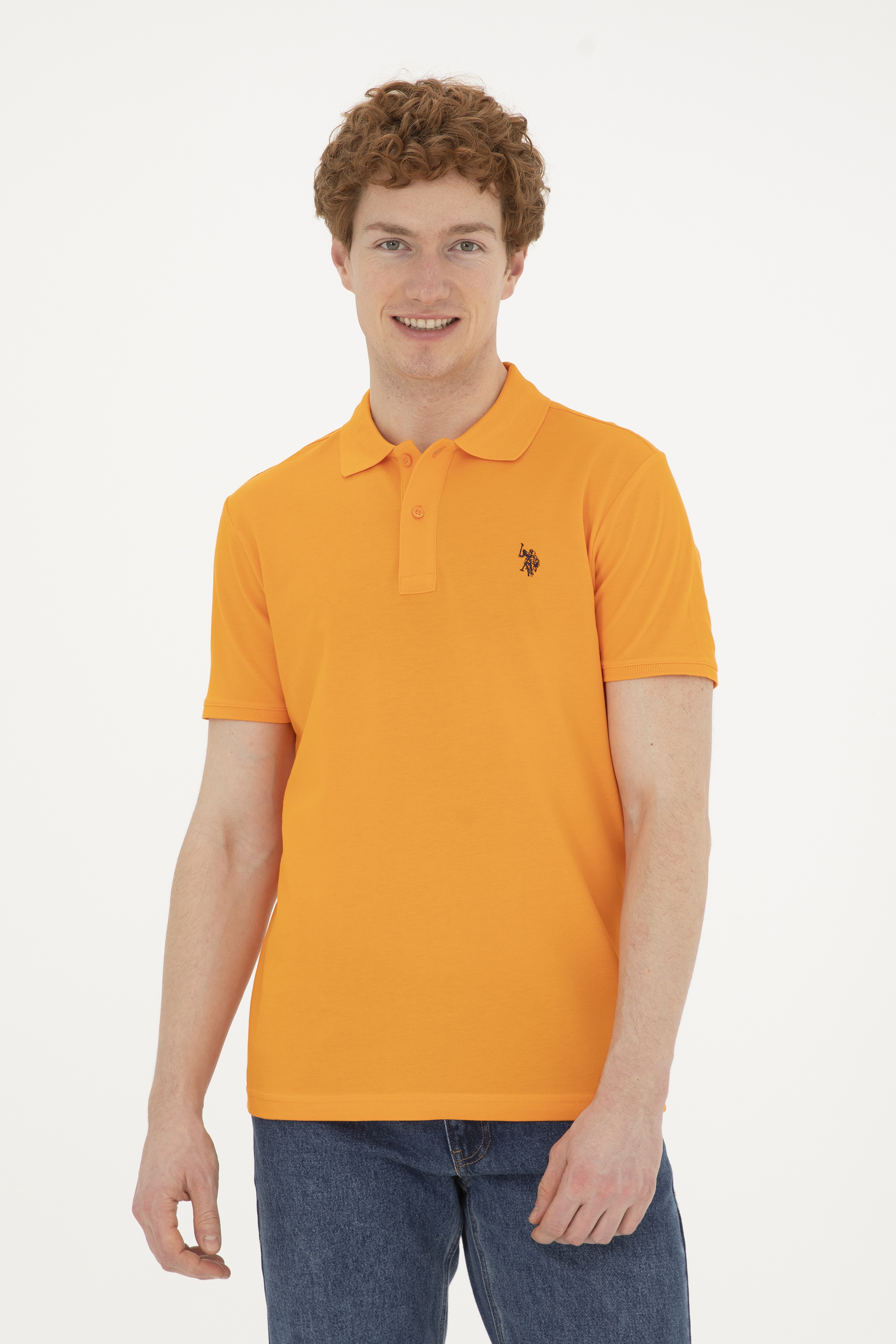 Erkek Slim Fit Polo Yaka Turuncu Basic Tişört - Image 1