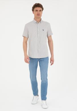 Erkek Açık Haki Çizgili Beyaz Kısa Kollu Gömlek - 50288667018