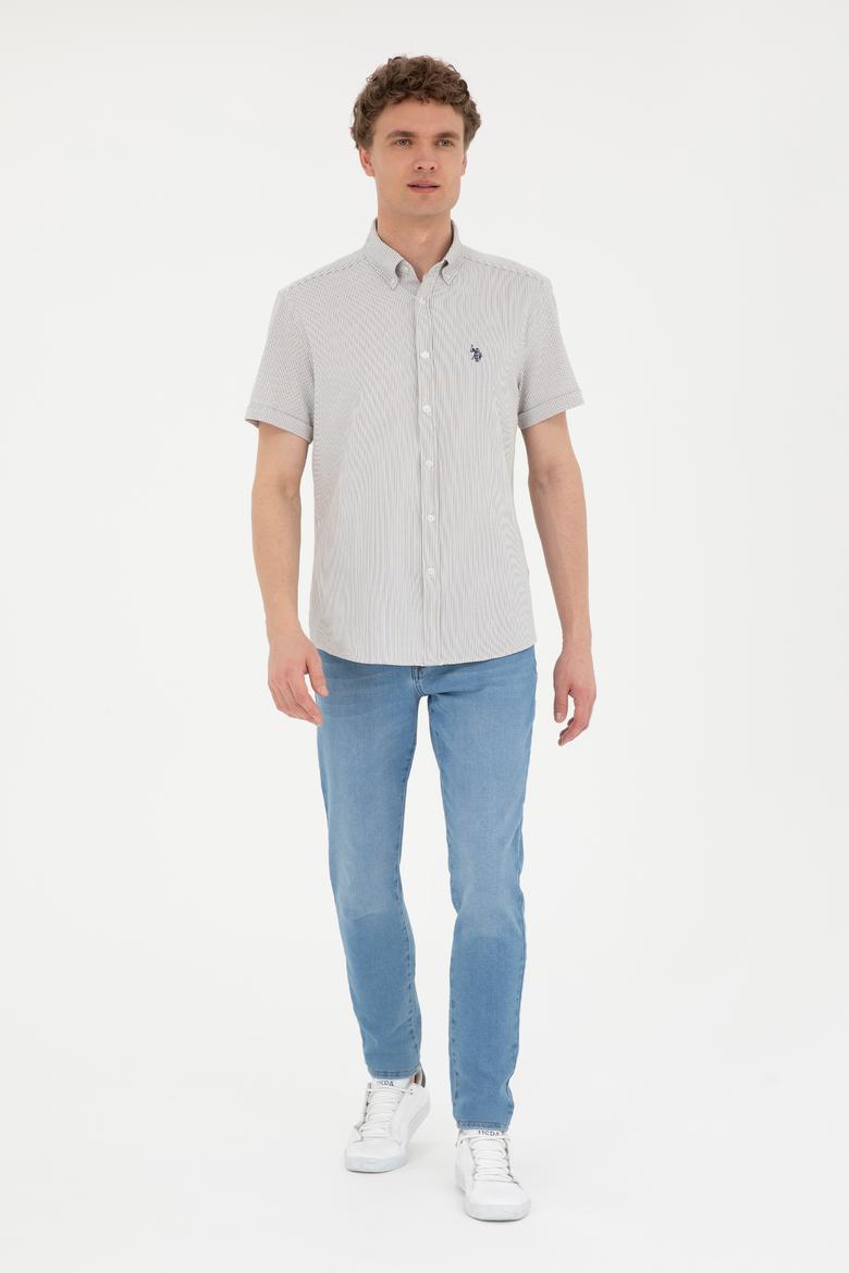 Erkek Açık Haki Çizgili Beyaz Kısa Kollu Gömlek - 50288667018