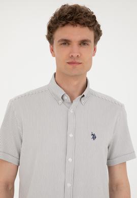 Erkek Açık Haki Çizgili Beyaz Kısa Kollu Gömlek - 50288667018