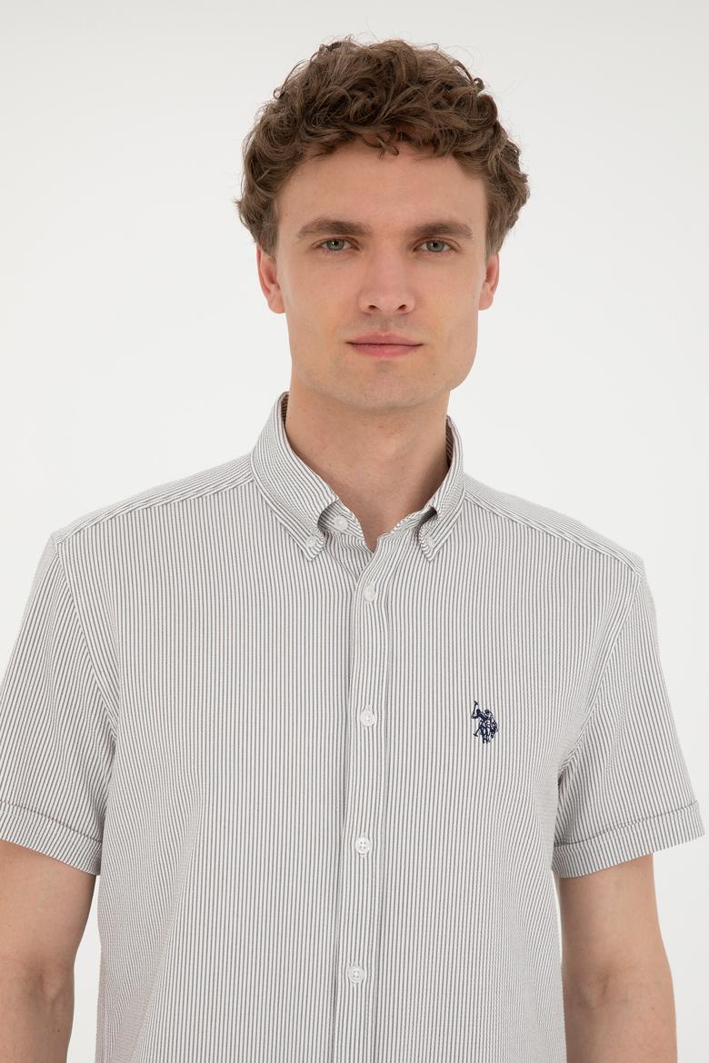 Erkek Açık Haki Çizgili Beyaz Kısa Kollu Gömlek - 50288667018