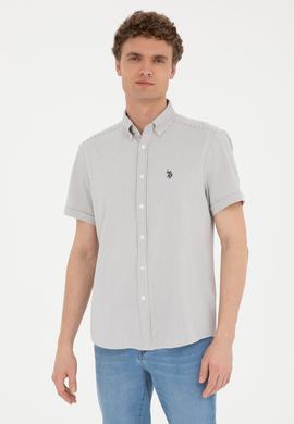 Erkek Açık Haki Çizgili Beyaz Kısa Kollu Gömlek - 50288667018