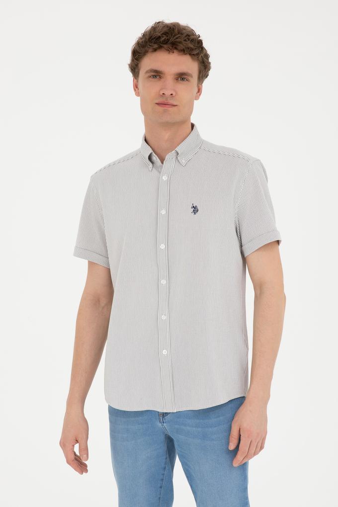Erkek Açık Haki Çizgili Beyaz Kısa Kollu Gömlek