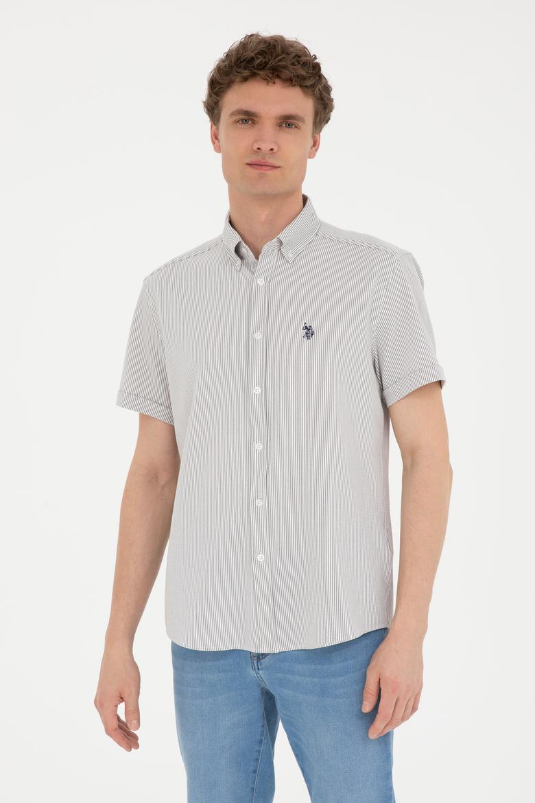 Erkek Açık Haki Çizgili Beyaz Kısa Kollu Gömlek
