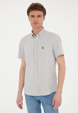 Erkek Açık Haki Çizgili Beyaz Kısa Kollu Gömlek - 50288667018