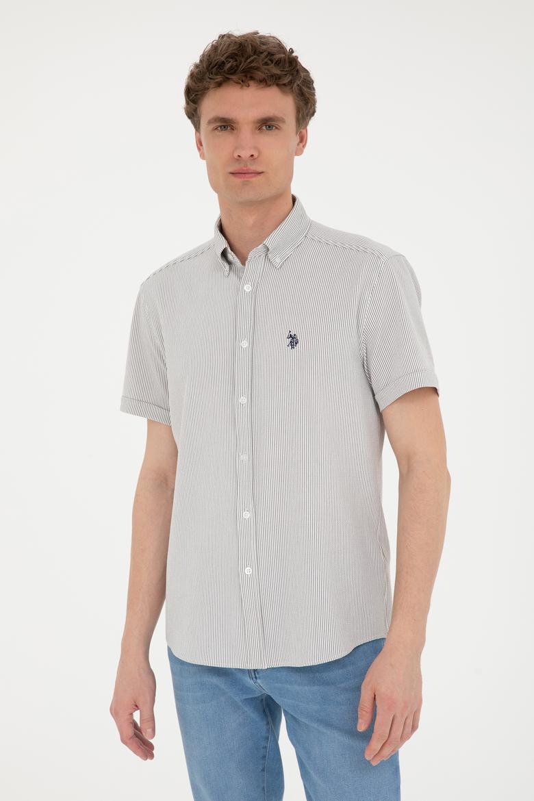 Erkek Açık Haki Çizgili Beyaz Kısa Kollu Gömlek - 50288667018