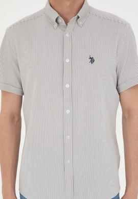 Erkek Açık Haki Çizgili Beyaz Kısa Kollu Gömlek - 50288667018