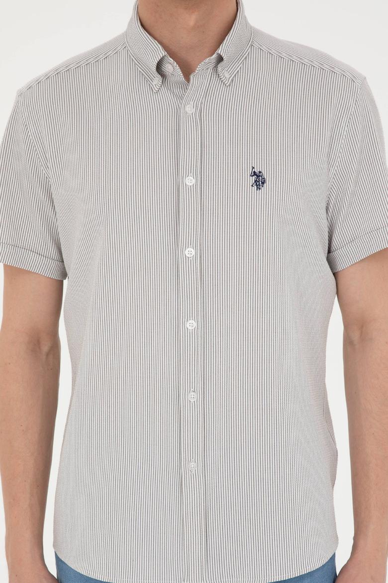 Erkek Açık Haki Çizgili Beyaz Kısa Kollu Gömlek - 50288667018