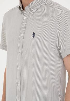 Erkek Açık Haki Çizgili Beyaz Kısa Kollu Gömlek - 50288667018